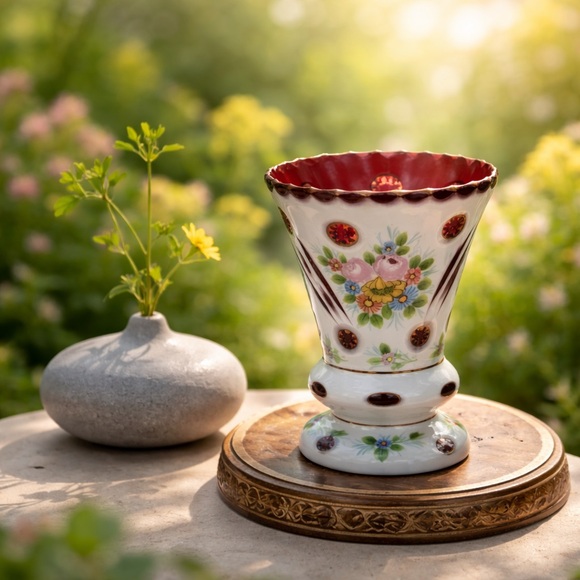 BOHEMIAN CZECH Cased Glass White Overlay Cut to Red Cranberry VASE Vintage